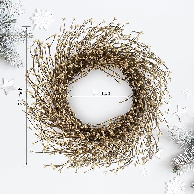 Artificial Twig Fall Front Door Wreath 24 Inch Autumn Cream Berry Wreath with Eucalyptus Leaves and Grapevine for Farmhouse Window Christmas Hanging Home Decor