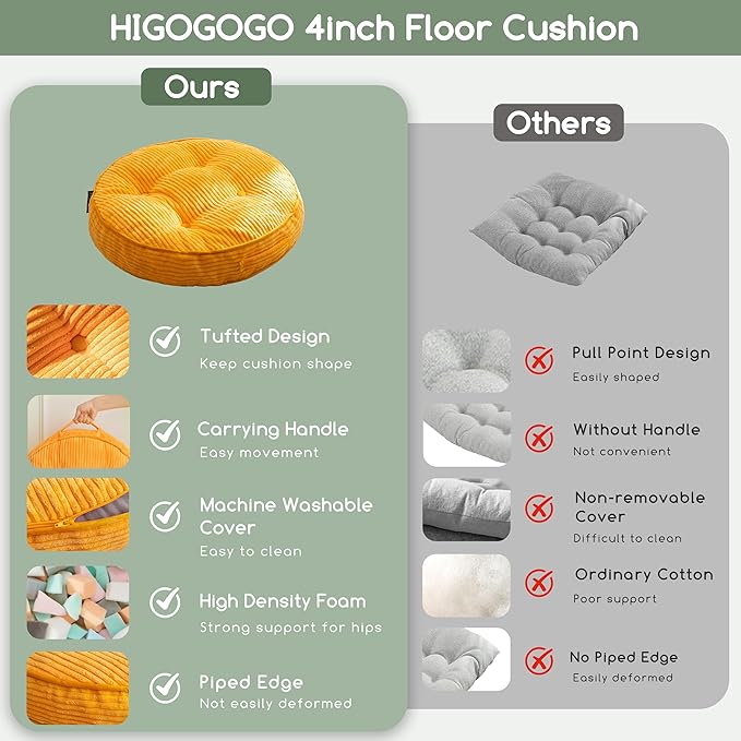 HIGOGOGO Washable Floor Pillow Cushion for Adults, Meditation Cushion Pillow, Large Round Floor Sitting, Removable Tufted Corduroy Cover, for Tatami Living Room or Yoga, 22x22 Inch, Machine Washable