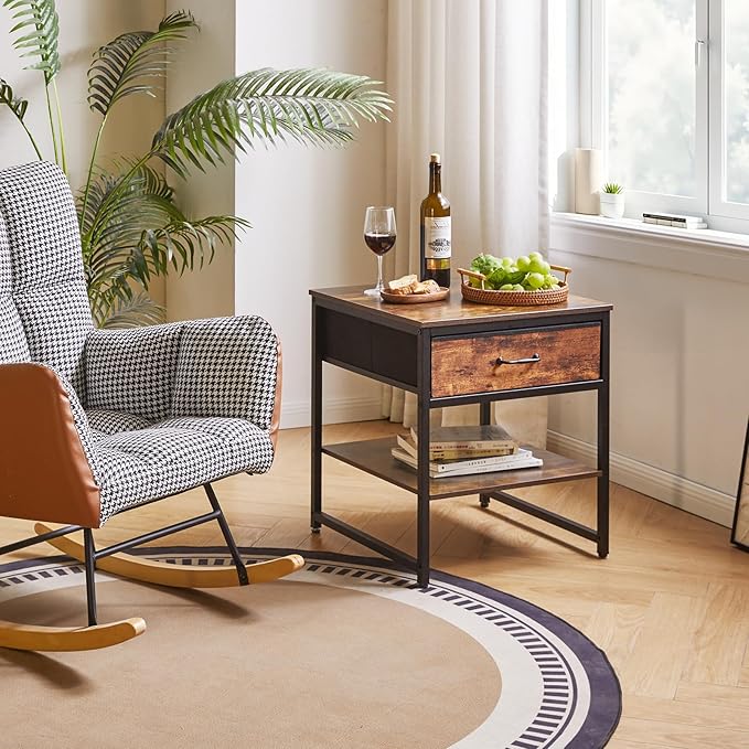 Small Table Stand with Drawers, Multi-Functional Side & Printer Accent Table with Storage Shelf, Rustic Brown YD-TM156H