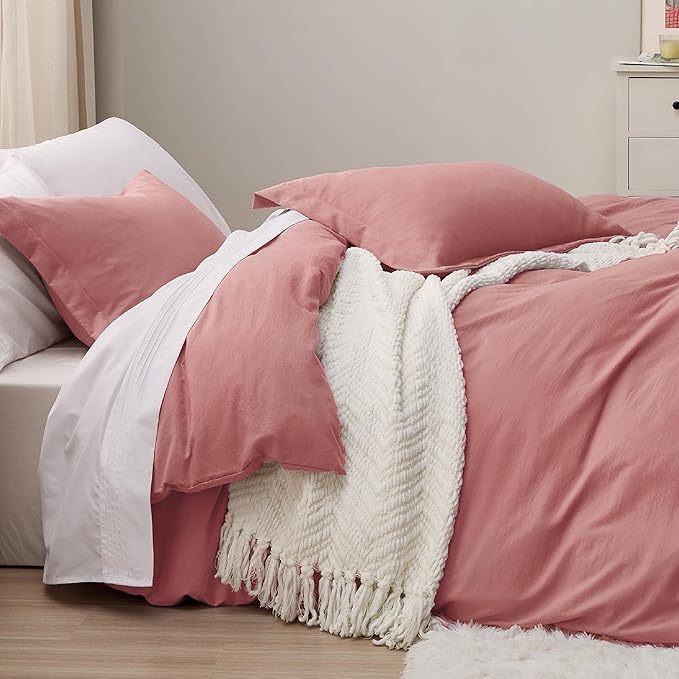 Bedsure Pink Clay Duvet Cover Queen Size - 3 Pieces Prewashed Cotton-Like Extra Soft Bedding Set, Includes 1 Duvet Cover 90x90 Inches with Zipper Closure & 2 Pillow Shams, Comforter Not Included