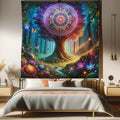 Ambesonne Nature Tapestry Queen Size, Wonderland Forest Tree Trippy Mandala Floral with Butterfly Ensemble Dream, Wall Hanging Bedspread Bed Cover Wall Decor, 88" X 88", Indigo Green Aqua