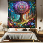 Ambesonne Nature Tapestry Queen Size, Wonderland Forest Tree Trippy Mandala Floral with Butterfly Ensemble Dream, Wall Hanging Bedspread Bed Cover Wall Decor, 88" X 88", Indigo Green Aqua