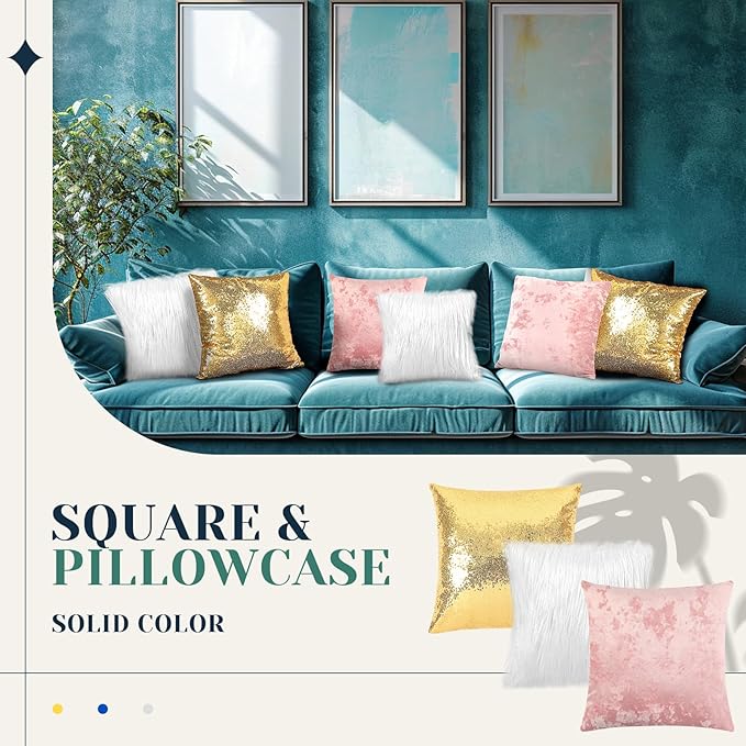 Pack of 6 Decorative Velvet Throw Pillow Covers Solid Square Soft Pillowcase Set Cushion Cases for Sofa Couch Bed Car Christmas Fall Home Decor 18 x 18 inch(Pink Gold White)