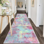 IOHOUZE Abstract Runner Rug 3x10 Ft Washable Runners for Hallways, Non Slip Kitchen Runner Printed Faux Wool Entryway Runner Indoor, Modern Abstract Floor Carpet for Hall Kitchen Bedroom, Pink Teal