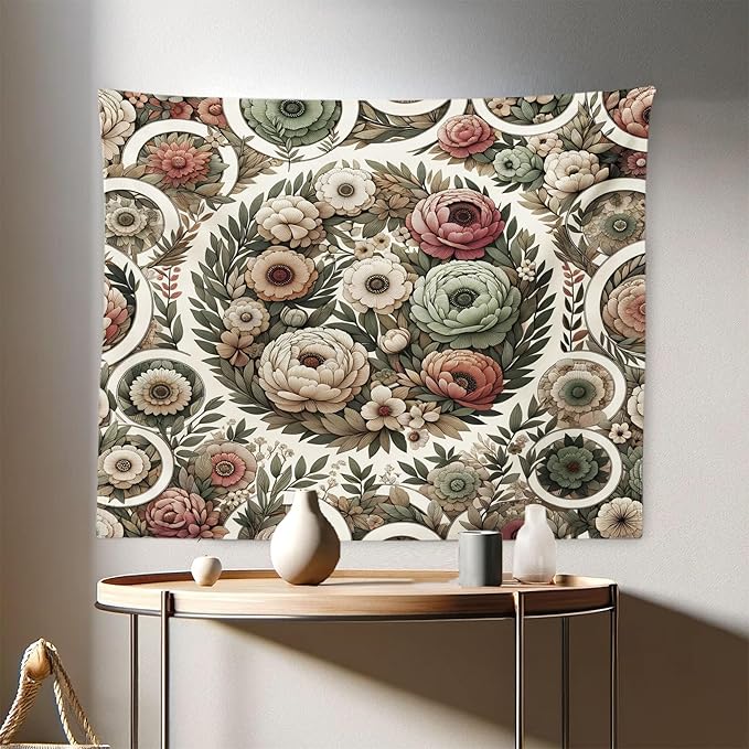 Ambesonne Flower Tapestry, Circular Floral Wreath with Greenery Leaves Ornaments Modern Cottagecore, Fabric Wall Hanging Decor for Bedroom Living Room Dorm, 28" X 23", Reseda Green Pale Ruby