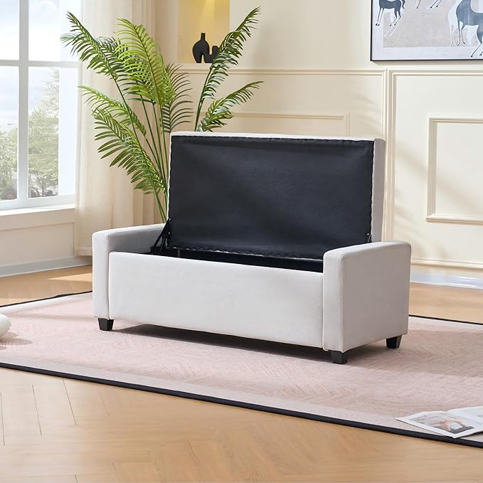 48" Storage Bedroom Bench for End of Bed, Faux Linen Upholstered Storage Ottoman with Arms for Bedroom,Living Room, Entryway, Beige