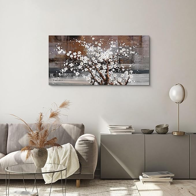 KLAKLA Wall Art for Living Room Large Modern Wall Decor Canvas Paintings for Wall Decorations White Flower on Brown Background Bedroom Office Artwork Plum Blossom Art Prints Framed 20x40