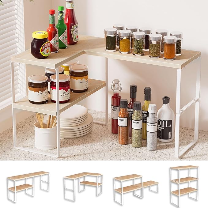 Golener Countertop Organizer Corner Shelf, 2-Tier Adjustable Stackable Corner Shelves for Kitchen, Spice Rack, Coffee Bar, Over Sink, Bathroom, Dresser Table, Corner Counter Shelf Stand, Natural Beige