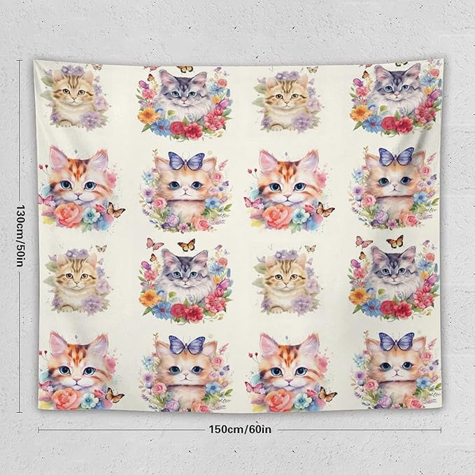 VUMIVI Watercolor Flower Cat Tapestry Colorful Cartoon Cute Animals Butterflies Abstract Art Print Tapestry Wall Hanging for Living Room Bedroom Dorm Classroom Aesthetic Decor W60xL50in