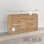 Prepac Simply Modern 6-Drawer Double Dresser for Bedroom, Chest of Drawers, Modern Bedroom Furniture, 52.5” Wide x 16” deep x 29.5” Tall, Oak