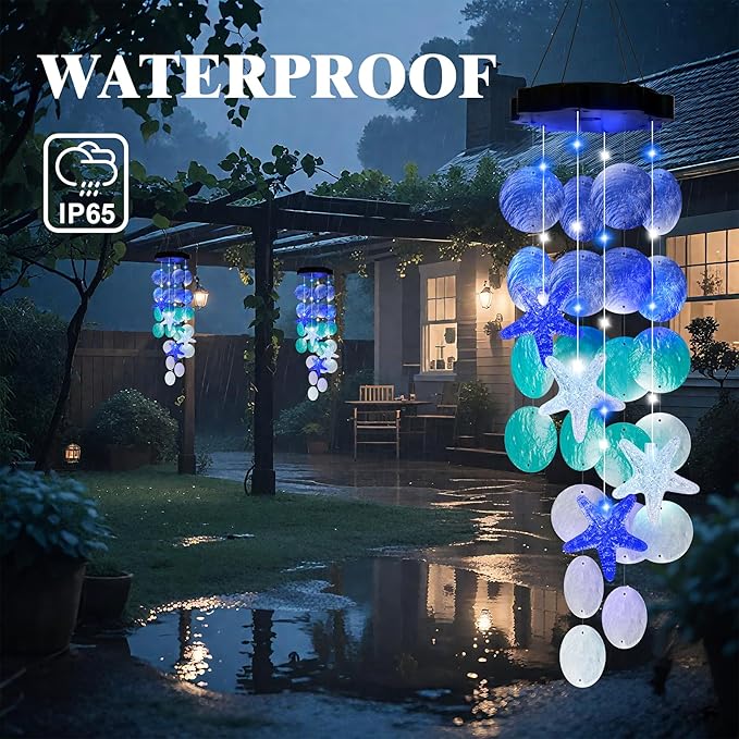 Solar Starfish Wind Chimes for Outside Mobile Shells Wind Chimes Hanging Decorative Lights for Holiday Garden Porch Yard Window Party Outdoor Decor, Gift for Mom Grandma Wife Girlfriend Neighbors