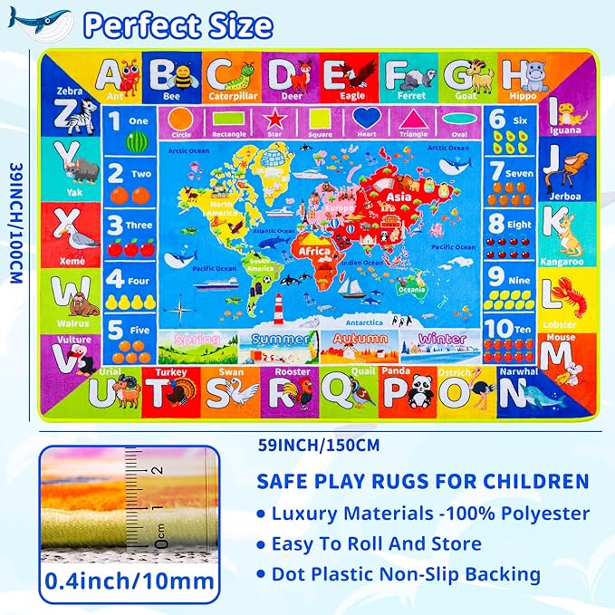 World Map ABC Kid Rug for Playroom Geography 59"×39.4" Classroom Play Rug Educational Baby Playmat Alphabet Carpet Primary School Fluffy Ployester Non-Slip Preschool Mat Nursery Room Learning
