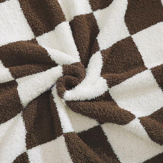 WRENSONGE Checkered Throw Blanket, Coffee Soft Cozy Fluffy Warm Hand Made Throw Blankets for Couch, Sofa, Chair, Bed, Camping, Picnic, Travel Lightweight Bed Blanket - 50"*70"