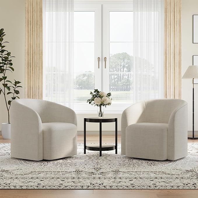 COLAMY Swivel Accent Chair, Modern Barrel Round Chair, Upholstered Comfy Living Room Chair with Armrest, Armchair for Reading Room/Bedroom/Waiting Room/Office, No Assembly, Beige