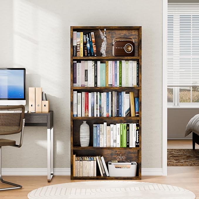 5-Tier Bookcase and Bookshelves, Freestanding Wood Bookshelf, 53" Tall Bookcase with Adjustable Shelves, for Living Room, Bedroom, Home Office, Retro Brown