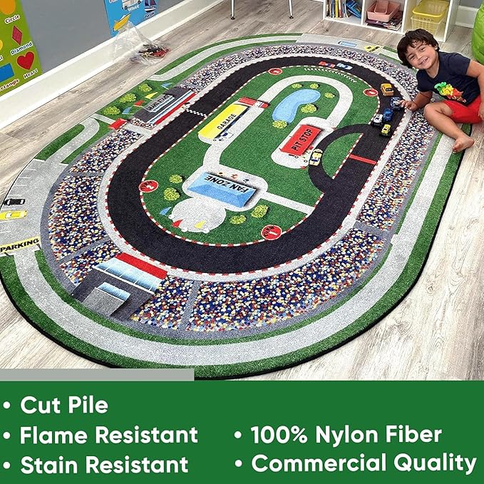 KIDCARPET.COM Race Car Play Mat Rug | Interactive Activity Carpet for Preschool Playroom Toy Car Track, 4' x 6'