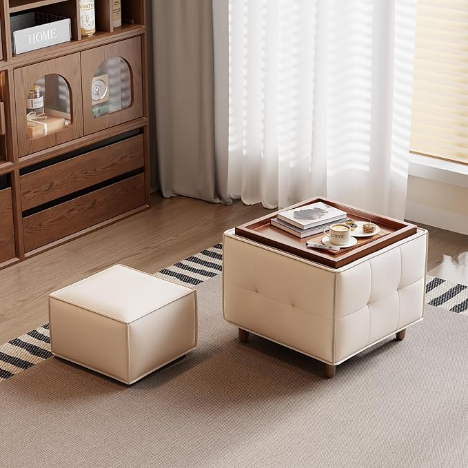 Square Ottoman with Storage Set of 2, Leather Coffee Table Ottoman, Multifunctional Foot Rest Stool with Storage for Living Room & Bedroom
