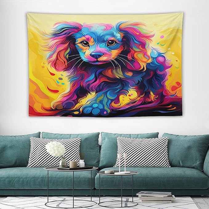 VUMIVI Colorful Cute Dog Tapestry Rainbow-Hued Oil Painting Pet-Themed Abstract Art Print Tapestry Wall Hanging for Living Room Bedroom Dorm Classroom Aesthetic Decor W90xL60in