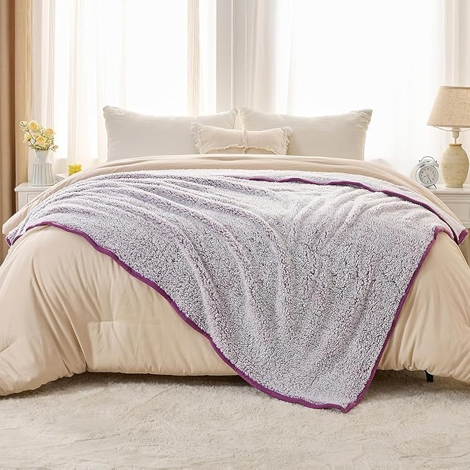 EMME Soft Sherpa Fleece Blanket Reversible Plush Fluffy Large Blanket, Light Weight Warm Decorative Boho Blanket Cover for Sofa, Couch, Bedroom,Travel(Plush Purple,50"x60")