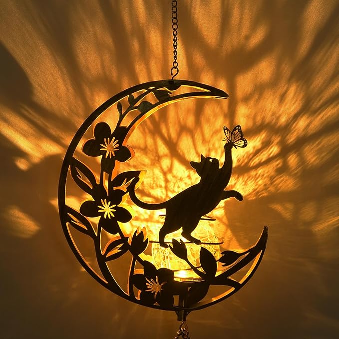 JOBOSI Solar Moon Cat Decorative Light Gift, Solar Moon Cat Decorative Wind Chime with Light, Gifts for Women Mom Grandma, Garden Lawn Decor, Christmas & New Year Gift