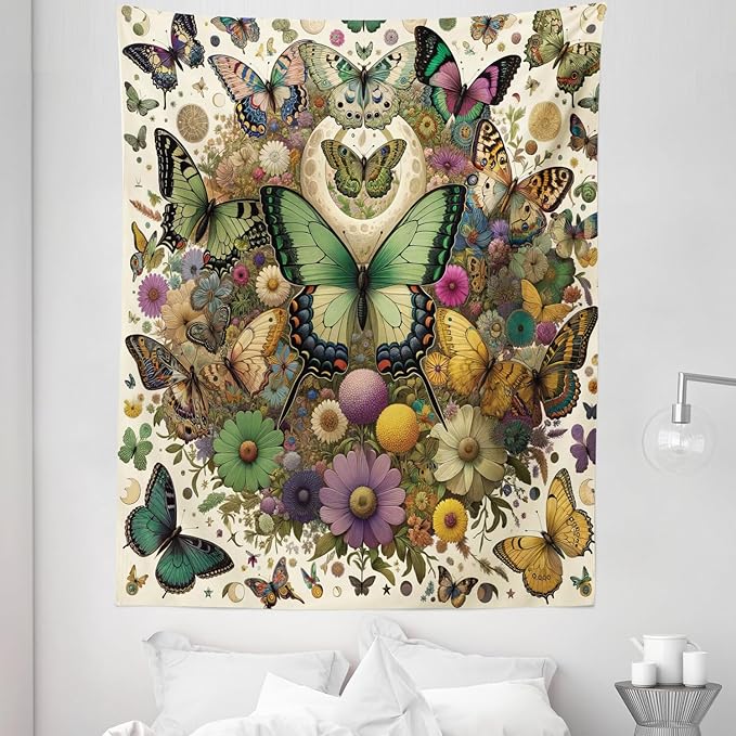 Ambesonne Boho Tapestry Twin Size, Dancing Moth and Butterfly with Colorful Leafy Jumble Flowers Witchcore, Wall Hanging Bedspread Bed Cover Wall Decor, 68" X 88", Fern Green Lilac Orange