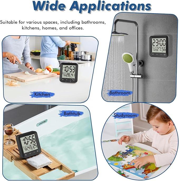 Waterproof Shower Clock Timer, Bathroom Clock with Countdown, Touch Screen, Indoor Temperature, Suction Cup, LCD Digital Wall Clock for Bath, Kitchen