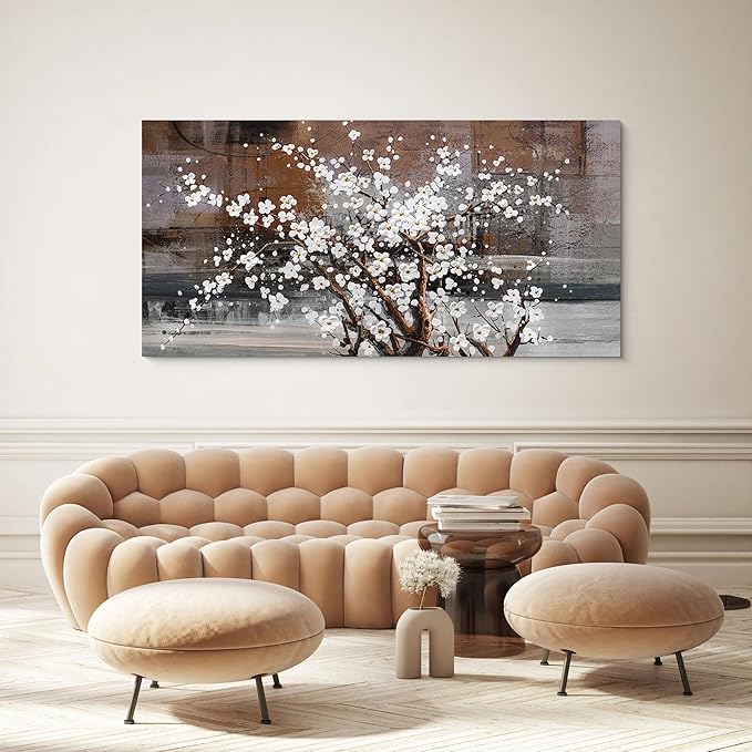 KLAKLA Wall Art for Living Room Large Modern Wall Decor Canvas Paintings for Wall Decorations White Flower on Brown Background Bedroom Office Artwork Plum Blossom Art Prints Framed 20x40