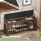 Shoe Bench for Entryway, Solid Rubberwood Shoe Bench with Hidden Storage, Adjustable 2-Tier Shelves & Soft PU Leather Seat, Shoe Rack Durable Easy Assembly for Hallway or Bedroom - Beige, 47.2"