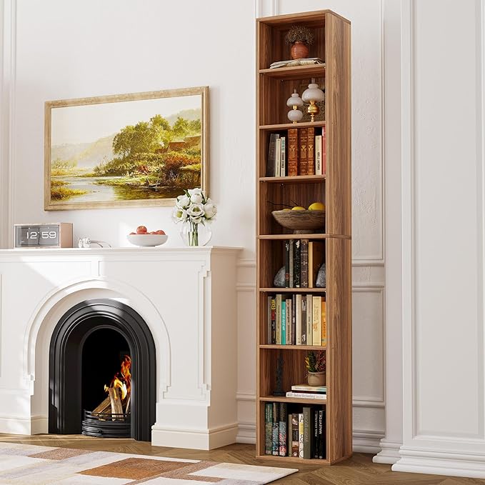 IRONCK Tall Narrow Bookshelf 8 Tiers, Compact Corner Bookcase, Easy to Match for Living Room, Office, Study, Bedroom, Oak Brown
