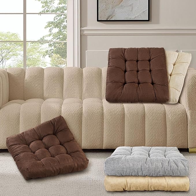 Meditation Floor Cushions, Thickened Floor Pillow for Adults, Large Square Pillows Seat Cushion for Tatami Living Room Yoga, Memory Sponge Block Added, 22x22 Inch, Brown