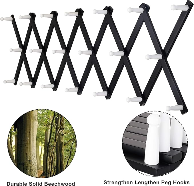 Dseap Accordian Wall Hanger: 16” High Wooden Wall Expandable Coat Rack, Hat Rack Holder, Accordion Hook for Baseball Caps, Coats, Mugs, 20 Peg Hooks, Black & White