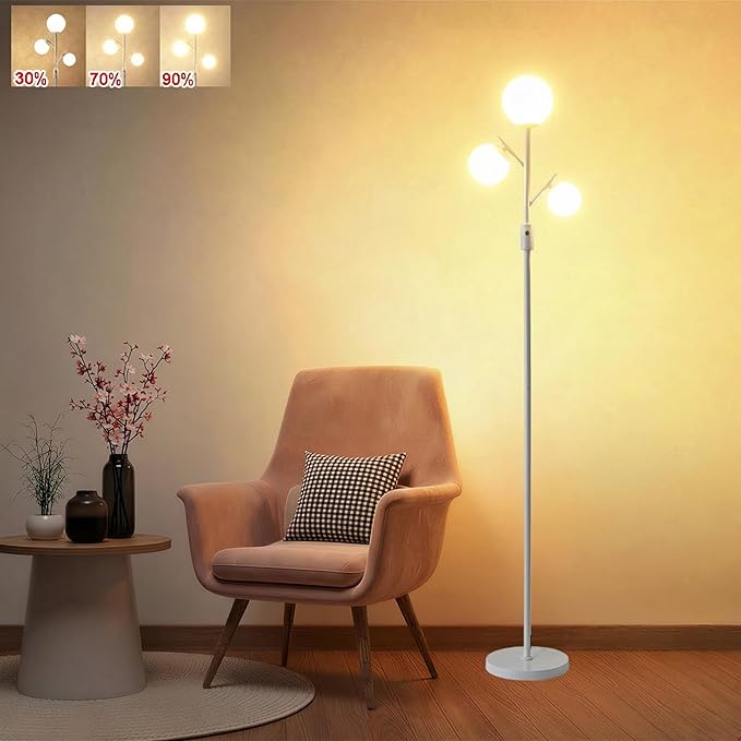 Fiqevs Dimmable White 3 Globe Floor Lamp with Frosted Glass Orb Shades and Bulbs Included, Elegant Mid Century Modern Standing Lamps, Tall Pole Light for Living Room Bedroom Office