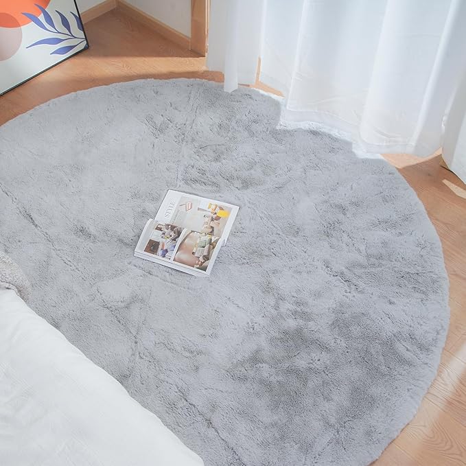 Grey Round Rug 3ft Machine Washable Shaggy Area Rugs for Living Room Faux Bunny Fluffy Fur Rug for Bedroom Small Circle Nursery Rug