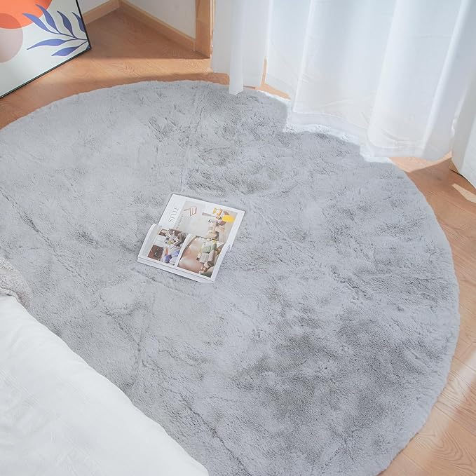 Round Furry Rugs for Living Room Faux Rabbit Fluffy Fur Rug for Bedroom Washable Area Rugs Boho Circle Rug Grey Shag Rug 4ft