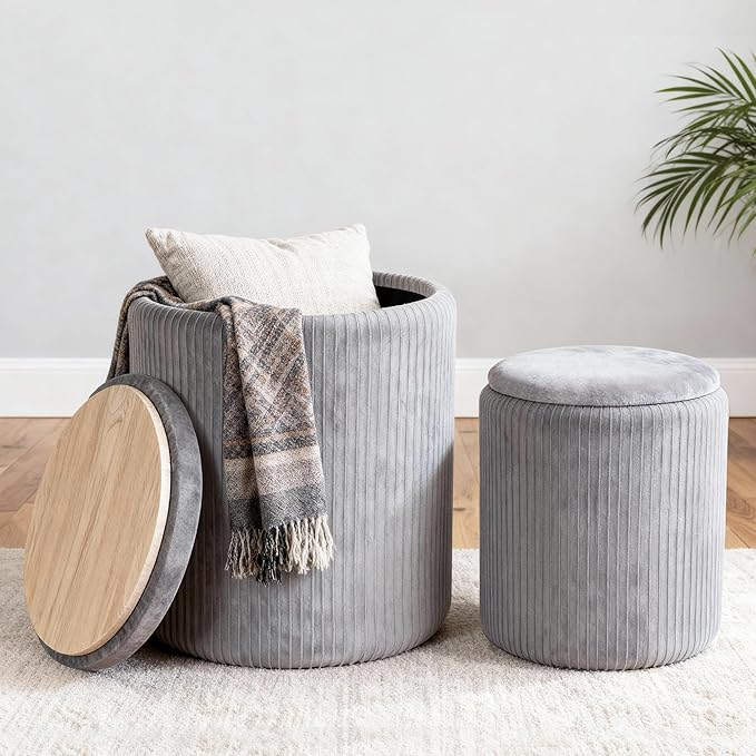 CAROLMADE Set of 2 Round Ottoman with Storage, Upholstered Vanity Stool Support 330lbs Multifunctional Coffee Table Ottoman Velvet Foot Rest Stool or Living Room Bedroom Dorm(Grey)