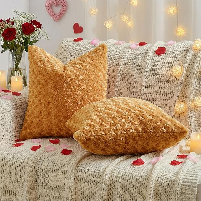 FUTEI Brown Decorative Throw Pillow Covers 26x26 Inch Set of 2,Soft Solid Rose Swirl Textured Euro Pillow Shams,Valentine's Day Decor for Couch Living Room
