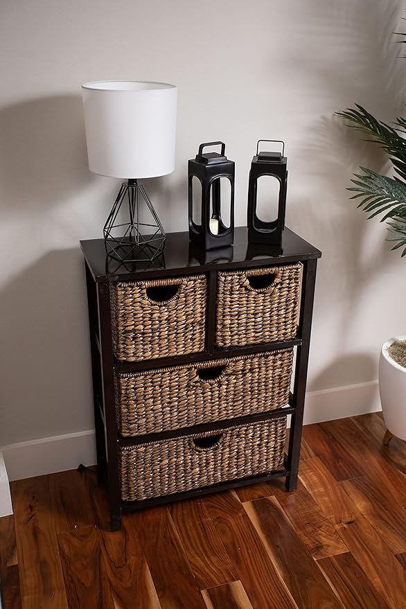BIRDROCK Home Seagrass Cubby Dresser | 4 Drawer Bins | Decorative Wood Storage Cubbies Shelf Organizer | Industrial Furniture Chest Basket | Espresso
