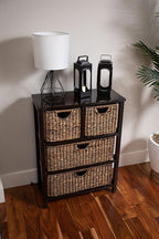 BIRDROCK Home Seagrass Cubby Dresser | 4 Drawer Bins | Decorative Wood Storage Cubbies Shelf Organizer | Industrial Furniture Chest Basket | Espresso