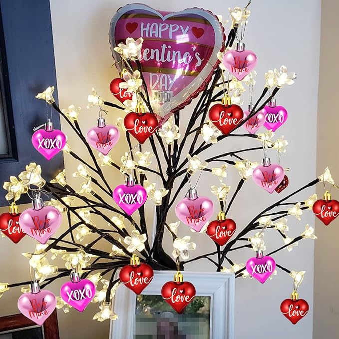 Valentines Tree Decorations, 24 Pcs Heart Ornaments for Christmas Tree, Mini Day Small Conversation Ornaments, Red Pink Purple Plastic