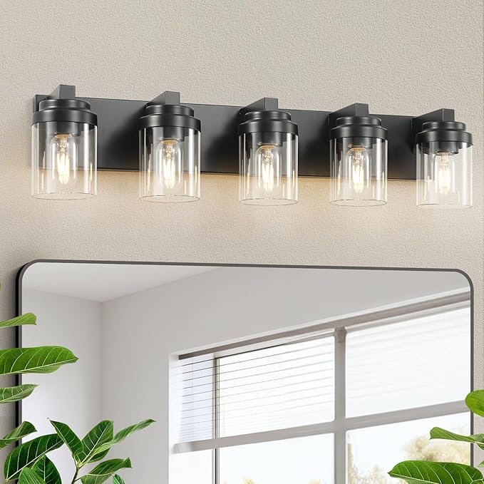 5-Light Bathroom Vanity Light Bathroom Light Fixtures Over Mirror, 31" Black Vanity Lights with Glass Shade, Modern Wall Sconce for Cabinet Porch Bedroom, Hallway E26