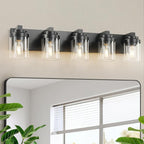 5-Light Bathroom Vanity Light Bathroom Light Fixtures Over Mirror, 31" Black Vanity Lights with Glass Shade, Modern Wall Sconce for Cabinet Porch Bedroom, Hallway E26