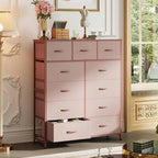WLIVE Tall Dresser for Bedroom, Fabric Dresser Storage Tower, Chest of Drawers Organizer Unit with 11 Drawers, Storage Cabinet, Hallway, Closets, Steel Frame, Wood Top, Pink