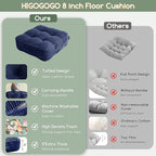 8" Washable Floor Pillow Cushion for Adults, Meditation Cushion Pillow, Large Square Floor Sitting, Removable Tufted Corduroy Cover, for Tatami Living Room or Yoga, 22x22 Inch, Machine Washable