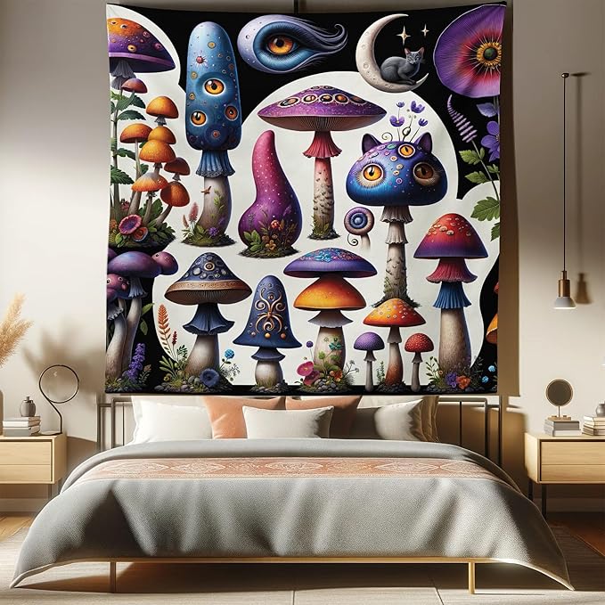 Ambesonne Hippie Tapestry Queen Size, Psychedelic Dream of Trippy Mushroom Scene with Eyes and Cat Face Fantasy, Wall Hanging Bedspread Bed Cover Wall Decor, 88" X 88", Quartz Sea Blue Pearl