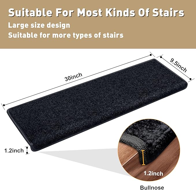 PURE ERA Bullnose Carpet Stair Treads Set Tape Free Non-Slip Indoor Stair Protectors Pet Friendly Rugs Covers Soft Skid Resistant Washable Reusable 9.5" x 30"(14 Pieces,Black)