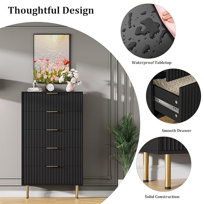 GarveeHome 5 Drawers Dresser for Bedroom, Fluted Dresser Chest of Drawers with Handle, Wood Modern Dressers for Closet, Bedroom Furniture Storage Organizer for Living Room, Hallway