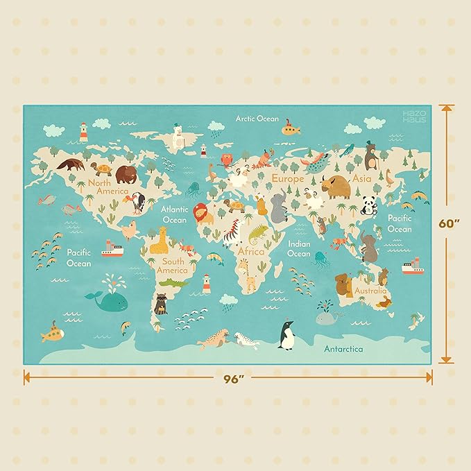 Washable Large Kids Playroom Rug with Animal – 5x8 Educational World Map Play Mat for Kids Room – Non-Slip, Stain Resistant, Soft & Safe for Baby, Nursery, Classroom or Bedroom - Blue Ocean