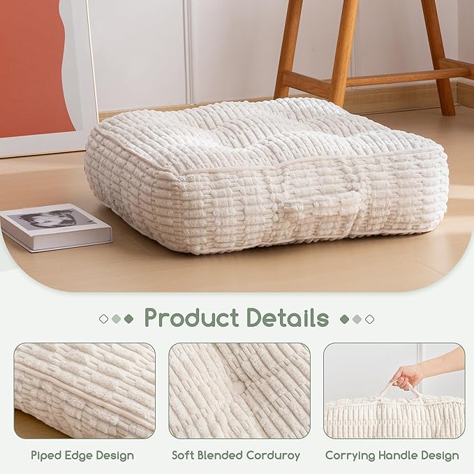 6" Washable Floor Pillow Cushion for Adults, Meditation Cushion Pillow, Removable Tufted Blended Corduroy Cover, Large Square Floor Sitting for Tatami Living Room or Yoga, 22x22 Inch, Machine Washable