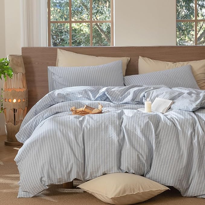 MooMee Striped Duvet Cover Set 100% Washed Cotton Linen Like Textured Breathable Durable Soft Comfy (Cornflower Blue White Wide Stripes, Palatial King/Oversized King 120"x98")