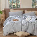 MooMee Striped Duvet Cover Set 100% Washed Cotton Linen Like Textured Breathable Durable Soft Comfy (Cornflower Blue White Wide Stripes, Twin 68"x90")